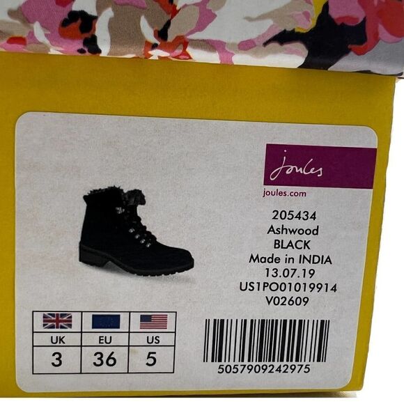 New Women Joules Ashwood Black Leather Faux Fur Warm Lace-Up Hiking Ankle Boots - Picture 13 of 13